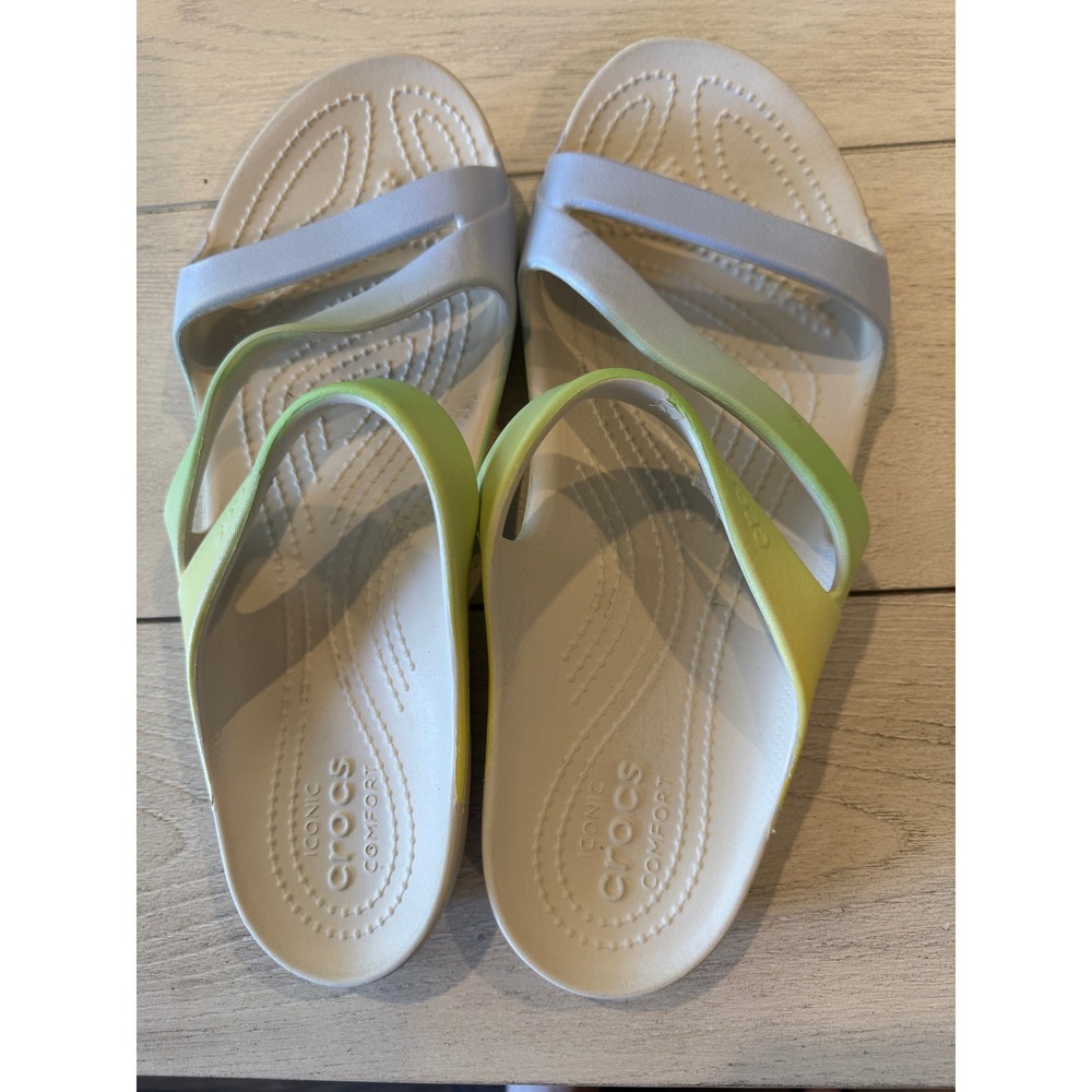 Crocs Swiftwater Strappy Sandals Womens‎ 10 Blue Lime Green Ombre Slides Cream